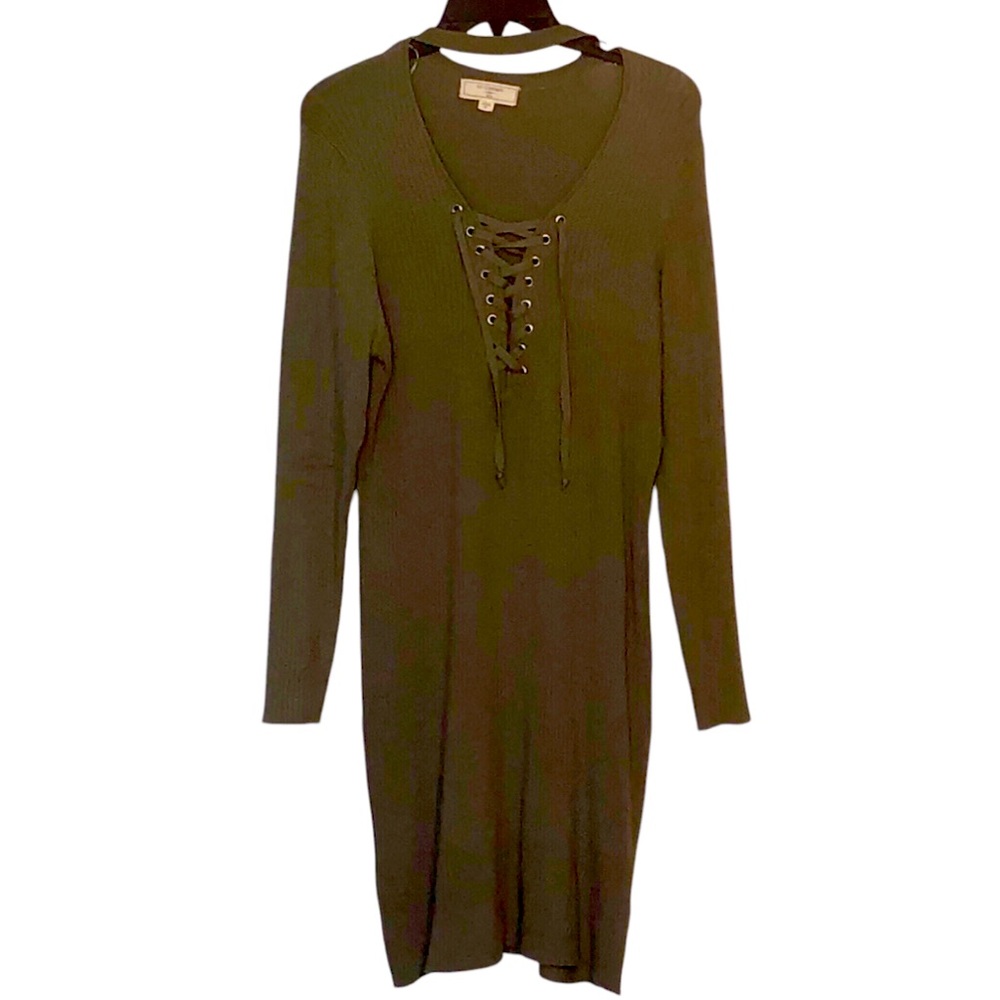 Women’s Bodycon Dress Tunic Choker Neck Lace Up Green Stretch Plus Size 3X NEW